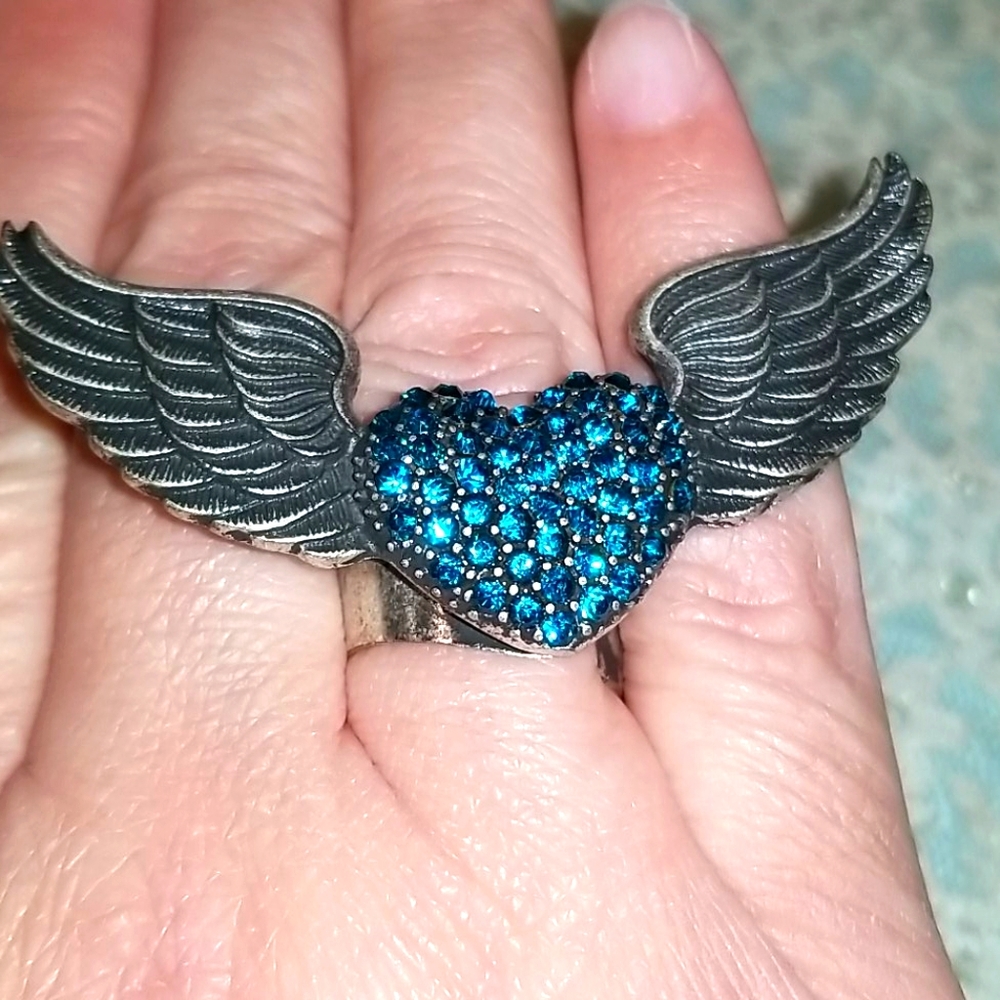 Adjustable blue heart ❤ with wings ring